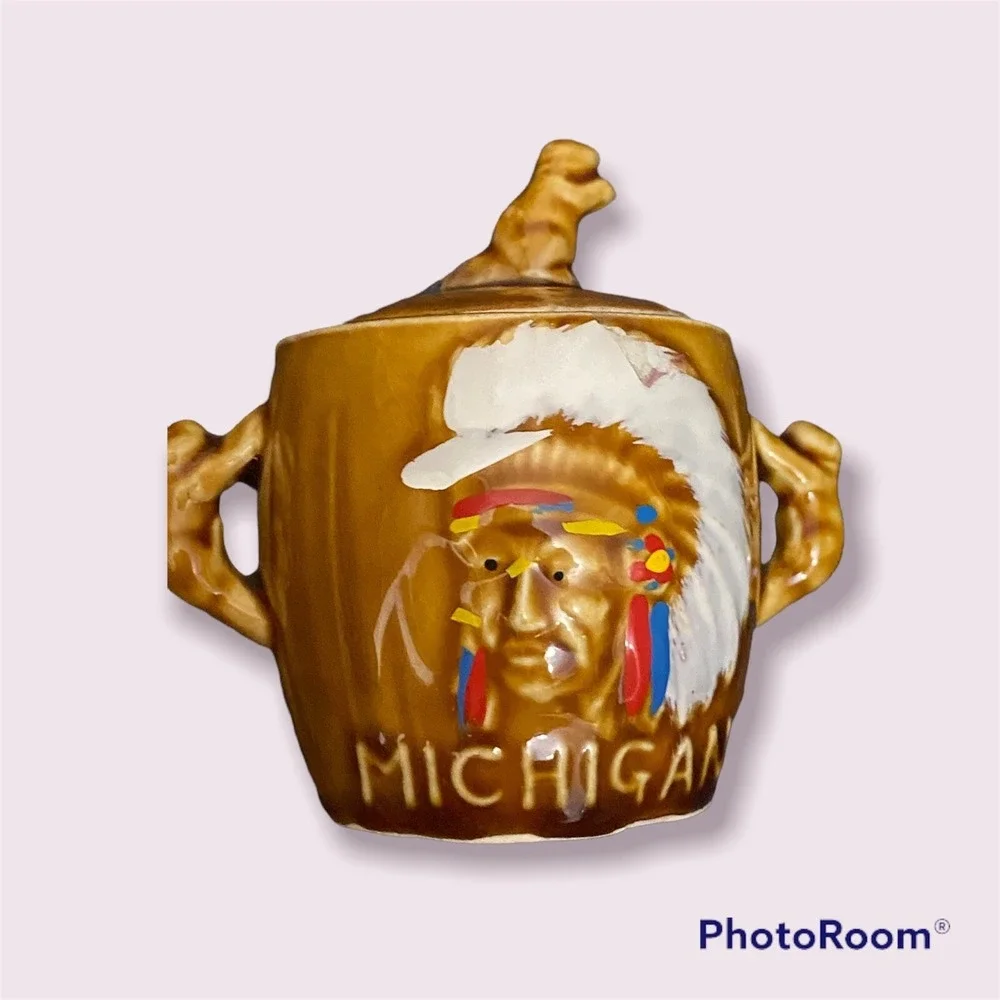 Vintage Thriftco Japan Golden Aspen Michigan Sugar Bowl Native American Chief